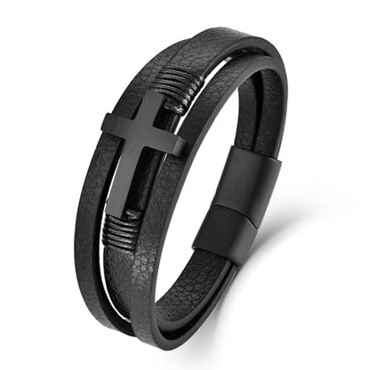 Leather Cross Bracelet Braided Faith Bangle for Men, 8.3 &9.1 Inch - color: 04.Black cross, size: 9.1in(Fits larger wrists)