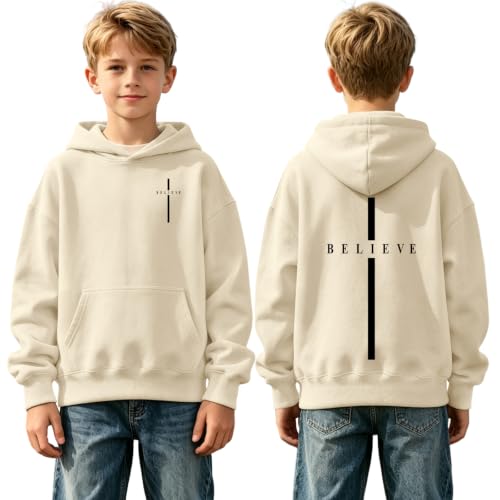 Fkatuzi Christian Graphic Hoodies For Boys Cross Sweatshirt Kids Jesus Hoodie Faith God Religious Bible Verse Believe Tops - color: Apricot, size: 11-12 Years