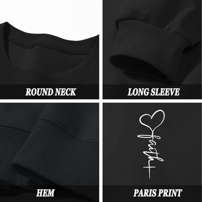 KIEKIECOO Faith Christian Sweatshirts for Women Religious Crewneck Sweatshirt Letter Print Fall Pullover Long Sleeve Tops - color: Black, size: XX-Large