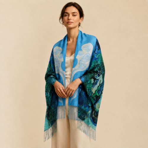 Umjetnost Soft Cashmere Feel Scarf For Women Winter Warm Scarves Large Shawl Wrap Monet Van Gogh Art Print - color: C04 Blue&green