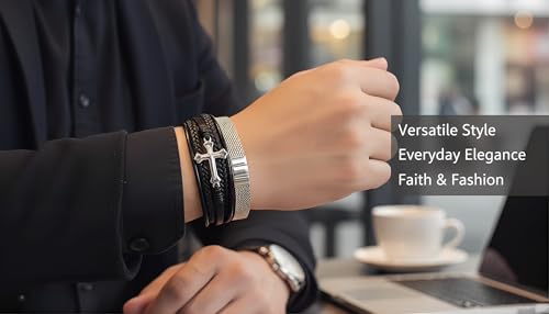Stainless Steel Braided Leather Bracelet for Men Cuff Bangle Cross - color: Black&Sliver-Style A