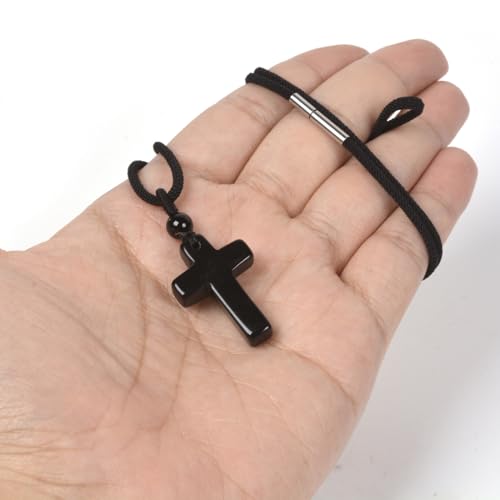 Justinstones Natural Gemstone Carved Cross Reiki Chakra Pendant Necklace 22 Inch - color: 30mm Black Obsidian