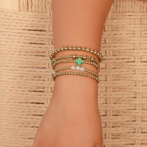 Gold Beaded Pearl Cross Bracelets Stackable Christian Stretch Jewelry Set - color: Green