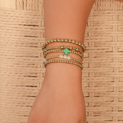 Gold Beaded Pearl Cross Bracelets Stackable Christian Stretch Jewelry Set - color: Green