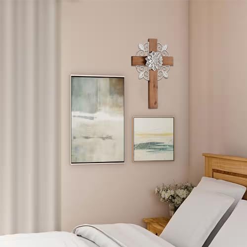 SOFE Rustic Crosses Wall Decor with Metal Floral, Handmade Distressed