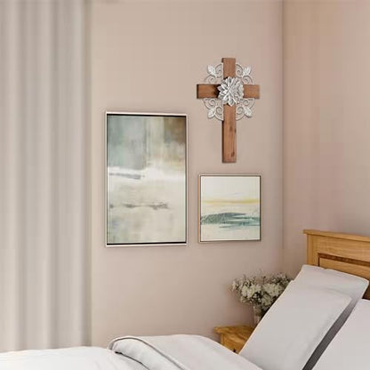 SOFE Rustic Crosses Wall Decor with Metal Floral, Handmade Distressed