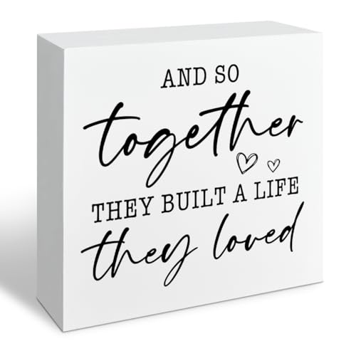 Motivational Home Decoration, And So Together They Built A Life They Loved, Farmhouse Wooden Signs, Positive Quote Sign, Home Desk Decor, Housewarming Gift, Box Sign Decor Tabletop, 5.1x5.1inches - color: Home 06