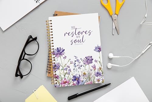 Christian Notebook for Women, Christian Gifts Journal, Prayer Journal for Women, Bible Journaling Notebook, PSALM 23:3 He Restores My Soul Floral Spiral Notebook 5.5x8.3 - color: 16-Christian-notebook