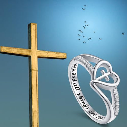 S925 Sterling Silver Christian Cross Heart Faith Bible Verse Ring for Women