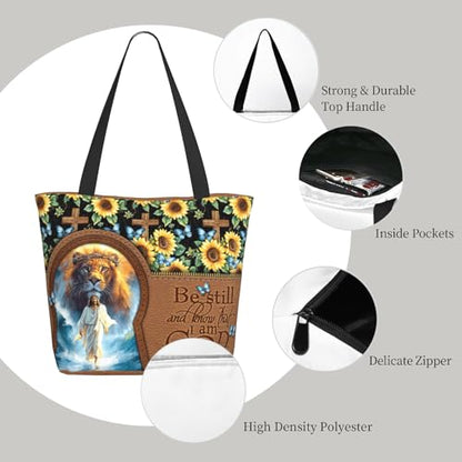 Christian Gifts Reusable Shopping Tote Bag Zippered Inspirational Tote Bags for Women Bible Verse Shoulder Bag - color: Jesus and the Lion