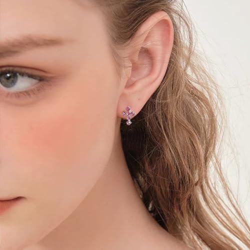 18g Titanium Round Crystal Cross Stud Earrings for Women Silver Plated Stainless Steel CZ Asymmetric Circle Studs Cartilage Tragus Screw Back Post Dainty Birthday Holiday Jewelry - color: Pink CZ