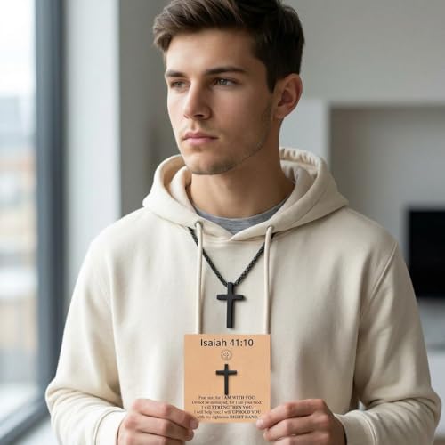 Stainless Steel Cross Necklace for Men, Philippians 4:13/Joshua 1:9/Isaiah 41:10 Scripture Pendant - Religious Baptism & Confirmation Gift for Husband,Teens 13+,Him - style: Isaiah 41:10
