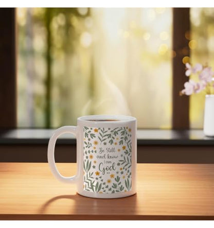 Be Still & Know That I Am God Psalm Bible Verse Floral Women Ceramic Mug, White, 11oz - color: White, size: 11 Ounces