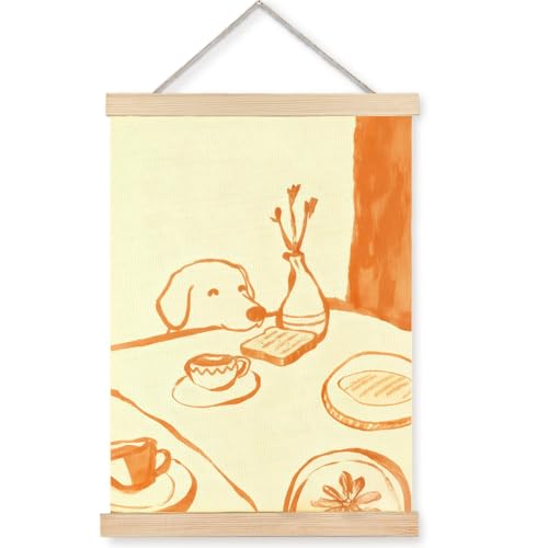 FOPENEM Funny Dog Kitchen Wall Art Decor, Whimsical Eclectic Breakfast Dog Lover Wall Decor Poster Hanger Frame for Home Kitchen Living Room, 12x16 Inches - color: white-Breakfast Dog