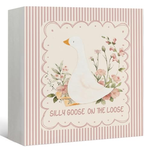 Goose Girl Nursery Decor Wooden Box Sign, Silly Goose on the Loose Wood Block Signs Decorations, Pink Striped Wood Box Signs for Girls Room Bedroom Desk Shelf Tabletop Decor, 5x5 Inch - color: Silly Goose on the Loose-5x5