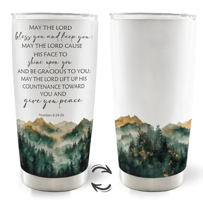 Christian Mountain 20oz Travel Coffee Mug Tumbler, Christian Religious Gifts for Women Men, May the Lord Bless You and Keep You Bible Verse Stainless Steel Tumbler with Lid and Straw - color: Peace