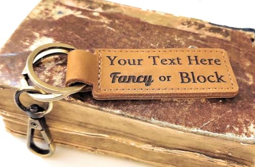 Custom Text Leather Keychain, Bronze Key Ring and Clip