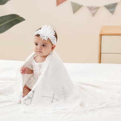 Cotton Baby Baptism Christening Blanket with Lace Trim, 40"x40" - color: Bapatism Lace Blanket