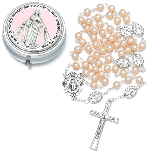 KOMI 6mm Glass Pearl Rosary Beads Catholic for Women with Metal Rosary Box Religious Gifts - style: Virgn Mary-pink