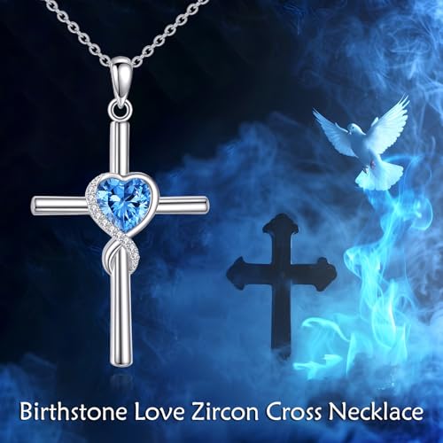 S925 Sterling Silver Cross Necklace for Women Birthstone Necklace Heart Infinity Cross Pendant Necklace Christmas Valentines Day Gifts Birthday Holiday Gifts for Her, 18"+2" Inches - color: 12-Dec Birthstone - Blue Topaz