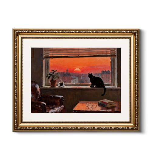 HUARCEY Vintage Gold Framed Sunset Black Cat Artwork Canvas Wall Art - color: Cat Watching, size: 16"L x 13"W