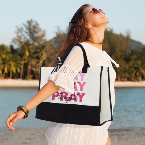 jeilink Inspirational Religious Gifts Boss Mom Birthday Christmas Tote Bag Canvas Reusable Grocery Beach Tote Black Pink - color: Pray on It 1194