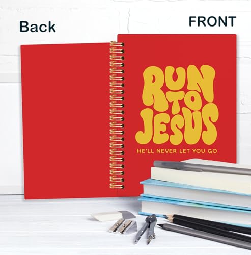 Yellow and Red Christian Spiral Notebook, Run to Jesus Bible Verse Journal, Religious Scripture Journals for Writing, Bible Notebooks for Note Taking, Church Notes Journal, 5.5x8.3 Inch - color: God-Yellow and Red