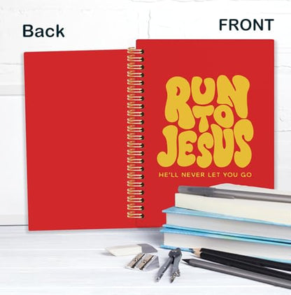 Yellow and Red Christian Spiral Notebook, Run to Jesus Bible Verse Journal, Religious Scripture Journals for Writing, Bible Notebooks for Note Taking, Church Notes Journal, 5.5x8.3 Inch - color: God-Yellow and Red