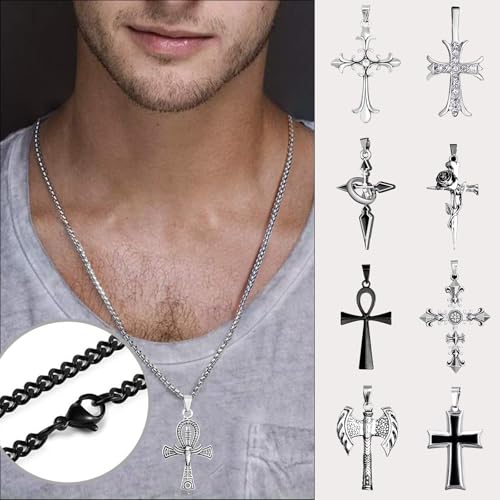 ywevyezc 12/24PCS Cross Necklace for Men, Mens Necklaces Jewelry Set Silver Chain Stainless Steel Cross Pendant Goth Necklace for Boys 16-24 inches Chain - style: 24pcs Cross Necklace