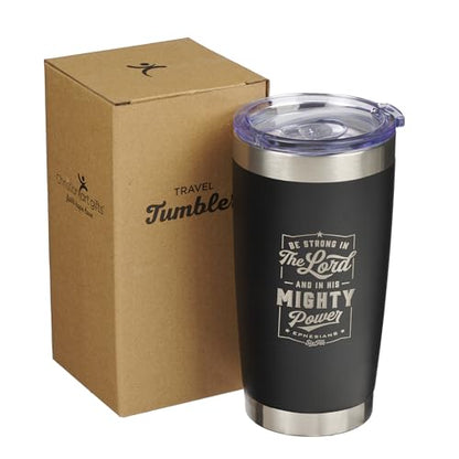 Christian Art Gifts Stainless Steel Double-Wall Vacuum Insulated Travel Mug 18 oz Matte Black Tumbler with Lid for Men Inspirational Bible Verse - Strong in the Lord - Eph. 6:10 - color: Black/Be Strong