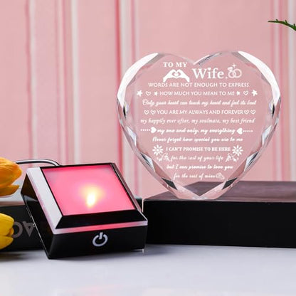 Arikyrist Romantic Wife Gift from Husband with Colorful LED Base Anniversary Birthday Gifts for Wife Crystal Keepsake I Love You Gift for Her on Mothers Day Valentine Christmas - color: Wife Gifts + Light Base