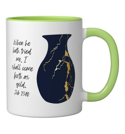 Bible Verse Jesus Christ Kintsugi Vase Gold Job Christian Ceramic Mug, Light Green/White, 11oz - color: Light Green/White, size: 11 Ounces
