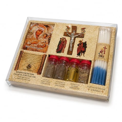 Holy Land Blessing for the Home Gift Set - Jerusalem Icon, Crucifix, Altar Candles, Sacred Soil, Water, Olive Oil & Incense (Our Lady of Jerusalem)