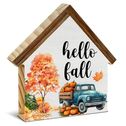 Rustic Fall Decor, Hello Fall House Shaped Wood Block Sign - color: Hello