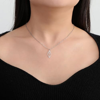 Ichthus Necklace for Women Christian Jesus Fish Necklace Christ Fish Cross Ichthys Pendant Necklace Ichthus Fish Religious Symbol Pendant Christian Jewelry Gift - color: Ichthys cross silver