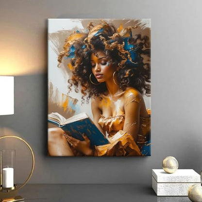Framed Canvas Wall Art Reading Black Women Painting Print Abstract Poster Gallery Style Modern Figurative Picture 12x16 Inch Ready To Hang - color: Black women, size: 12x16 inch