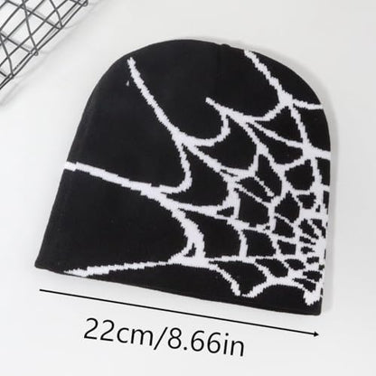 Unisex Stretch Warm Winter Skull Cap, Cold Weather Knit Beanie - color: White Spider Web Pattern