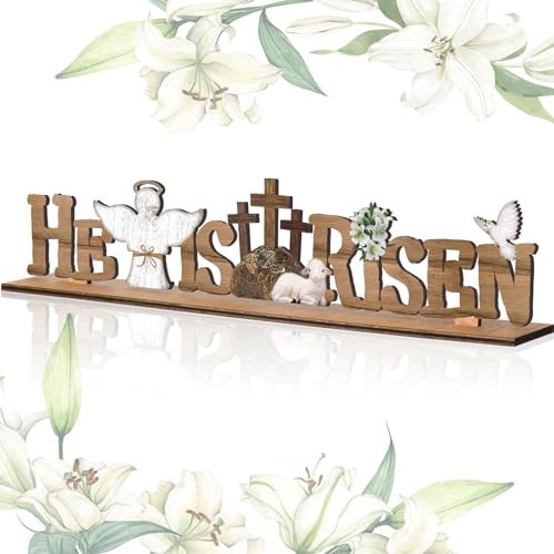 Vercraft Easter Decorations He Is Risen Wooden Sign Religious Table Centerpiece Christian Farmhouse Tabletop Sign for Tiered Tray Decor Fireplace Mantel Room Birthday Spring, 2.2 x 9.7 Inch(Fresh) - style: Fresh