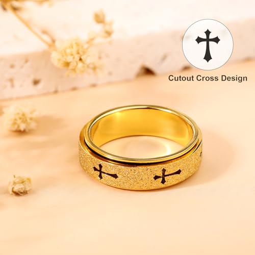 Fidget Toys Adults Spinner Women, Cross Anxiety Relief Stainless Steel Dual Layers Thumb Jewelry Spinning Band Silver Gold Plated Size 6 7 8 9 10 (Gold-Cross, Size 9) - color: Gold-cross, size: Size 9
