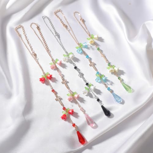 Cross Suncatcher Car Rearview Mirror Charm Pink Lily of Valley - color: Pink - Flower