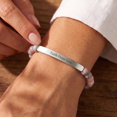 Inspirational Bracelets for Women,18K Gold Plated Christian Bible Verse Faith Jewelry, Religious Jesus Prayer Gift for Mom, Sister, Friend - color: FAITH HOPE LOVE-Pink Zebra Jasper-Silver