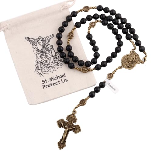 HanlinCC Black Lave Stone Beads Saint Michael Catholic Rosary Necklace with Gift Bag - color: Anti-Bronze