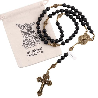 HanlinCC Black Lave Stone Beads Saint Michael Catholic Rosary Necklace with Gift Bag - color: Anti-Bronze