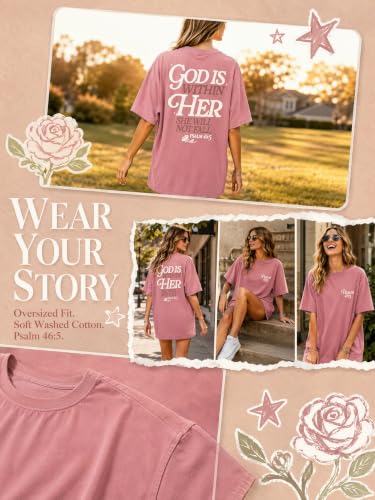 Muicy Womens Psalm 46 5 God is Within Her Christian Bible Verse Oversized T Shirt 2026 Summer - color: Blush Pink, size: Medium