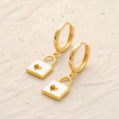 MYEARS Women Earrings Gold Huggie Hoop Dangle Drop 14K Gold Plated Small Simple Hypoallergenic Everyday Jewelry - style: Heart in Padlock