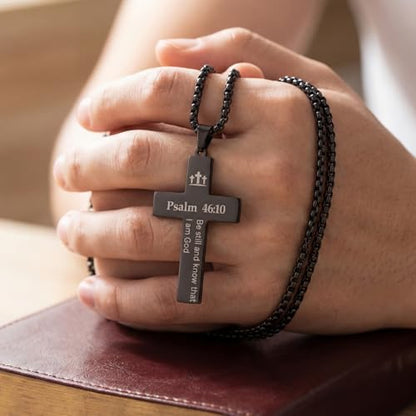 Ecally 8 Pcs Christian Cross Necklace for Men Father Religious Black Silver Stainless Steel Cross Church Gift USA Flag Chain - color: Mix