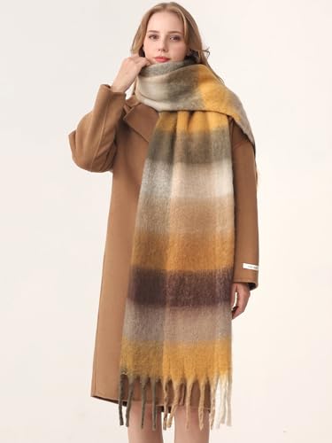 HOTIAN Women's Large Scarf Colorful Chunky Plaid Scarves Soft Winter Thick Tassel Warm Wrap Shawl - color: Yellow Curry (Gentleman)