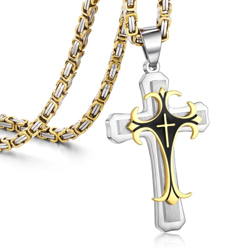 MEALGUET Stainless Steel Crucifix Cross Pendant Necklace,Men's Cross Necklace with Chunky Byzantine Chain/Rolo Chain, Gift for Men - style: Gold plated-byzantine chain
