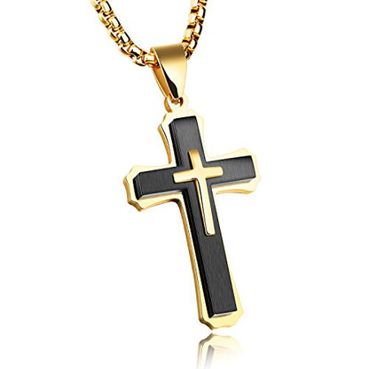 OLEVS Men's Cross Pendant Necklace Large Stainless Steel Cross Pendant Necklace for Men Women - color: gold-black