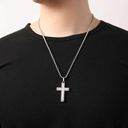 Men's Stainless Steel Cross Necklace,Two-Tone Black & Blue Carbon Fiber Pendant - Included Gift Box - style: Silver XL003